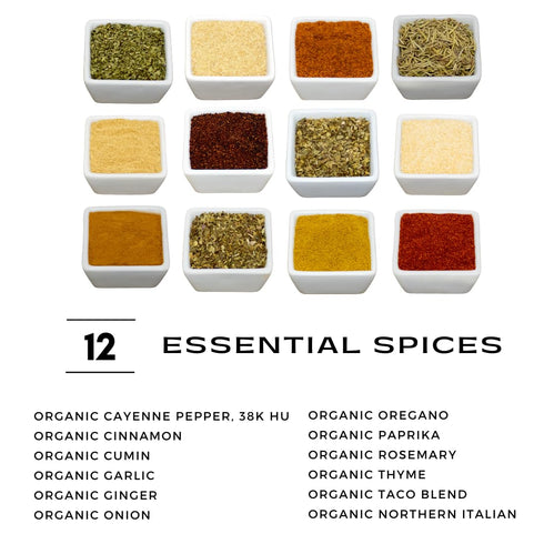 Set 12 Organic Spice Starter includes Organic Spices: Cayenne | Cinnamon | Cumin | Garlic | Ginger | Italian Seasoning