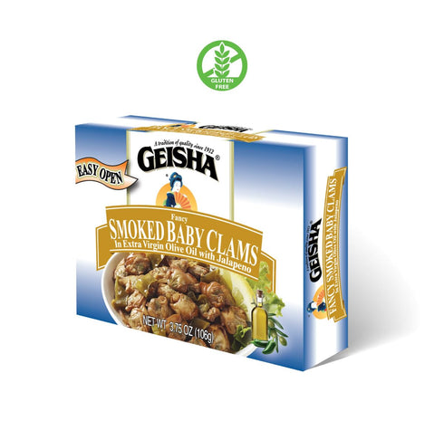 3.75oz (Pack 12), GEISHA Smoked Baby Clams in Extra Virgin Olive Oil with Jalapeno of Baby Clams| Gluten Free No Sugar