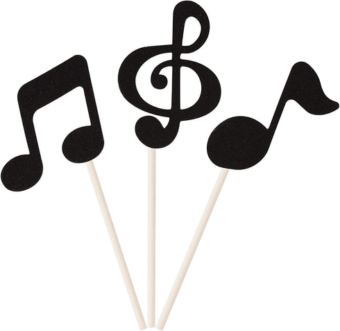 48 Pcs Black Glitter Music Notes Cupcake Toppers Musical Symbols Cake Picks for Kids Birthday Party Decorations