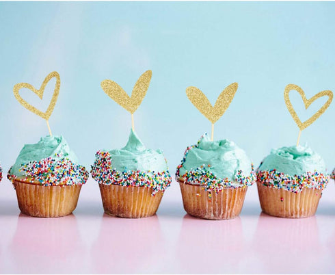 24 PCS Cute Gold Glitter Heart Cupcake Toppers for Wedding, Bridal, Anniversary, Baby Shower Party Decorations