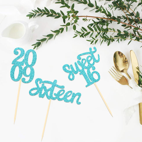 24 Pcs Sweet 16 Blue Glitter Birthday Cupcake Toppers for 16th Birthday Party Decorations