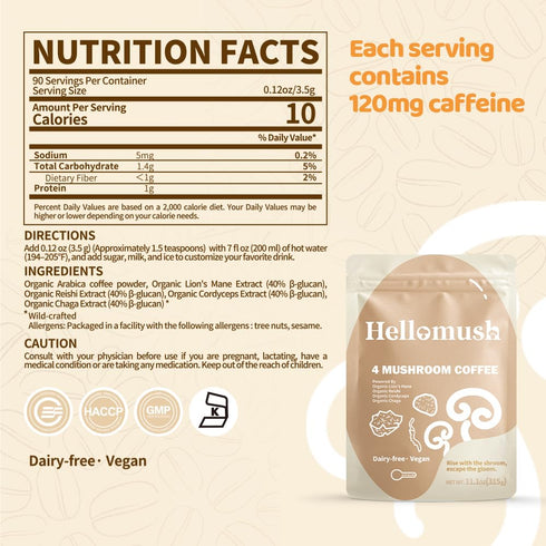 90 11.11 oz Hellomush Organic Instant Mushroom Coffee with Lions Mane, Reishi, Chaga and Cordyceps Coffee, Adaptogen
