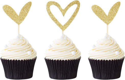 24 PCS Cute Gold Glitter Heart Cupcake Toppers for Wedding, Bridal, Anniversary, Baby Shower Party Decorations