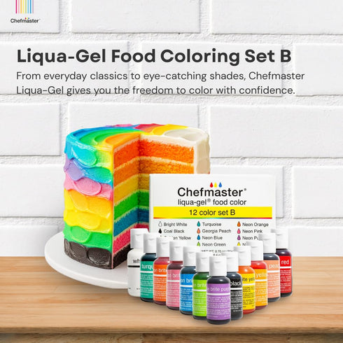 12 Set 12 Pack Chefmaster - Liqua-Gel Food Coloring - Color B - Fade Resistant - - Vibrant, Eye-Catching Colors