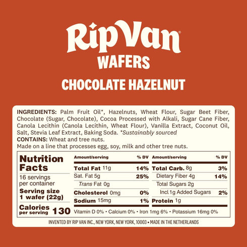 (2g), 16 Count Rip Van Chocolate Hazelnut Wafer Cookies, Keto, Non-GMO, Healthy Snacks, Low Carb & Low Sugar Low