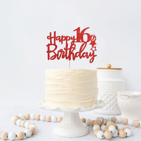 Red Glitter Happy 16th Birthday Cake Topper, Sixteen Sign Cake Topper, Cheers to 16 Years Party Supplies