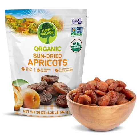 Happy Village Organic Turkish Sun-Dried Apricots, 20 OZ Resealable Bag, No Added