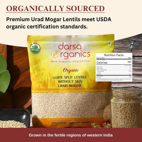 2lb Darsa Organics Urad Dal Split Without Skin (Urad Mogar) USDA Organic White Matpe Split Lentils | Non-GMO