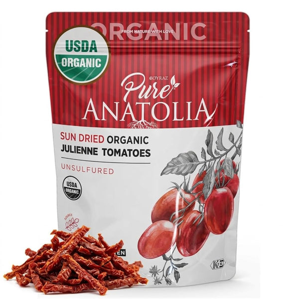 Pure Anatolia Organic Sun-Dried Tomatoes Julienne Cut Dry Packed, No Oil Added,