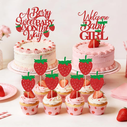 Red Glitter Berry Sweet Baby is on the Way Cake Topper - Strawberry Fruit Theme for Baby Shower & Gender Reveal