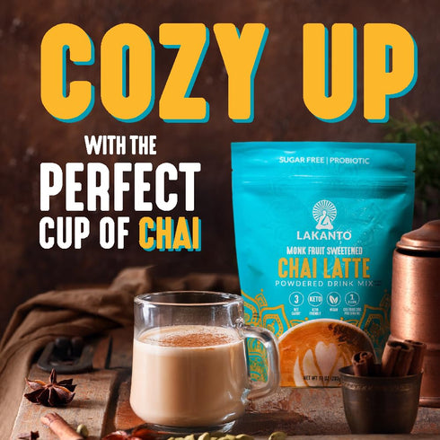 (9.9 Oz) Lakanto Sugar Free Chai Latte Drink Mix - Monk Fruit Sweetened, Cold or Hot Chai Tea, Vegan, Probiotics, Rich