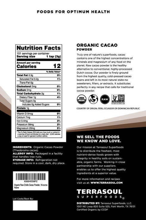 16 Oz, Terrasoul Superfoods Raw Organic Cacao Powder, Rich Chocolate Goodness for Baking, Smoothies, and Blissful Hot