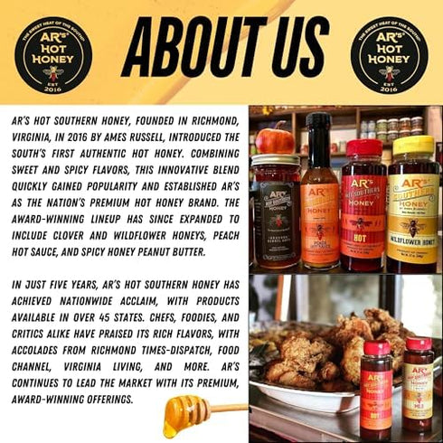 100% 12 oz (Pack 2) ARs Hot Southern Honey, Chile De Arbol (Mild) - Blend of Sweet Clover, Real Wildflower Honeys