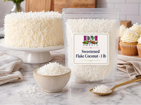 DM Sweets 1 lb Sweetened Flake Coconut - Bulk Bag of a Premium Baking Ingredient. Fresh Shredded Gourmet Dessert