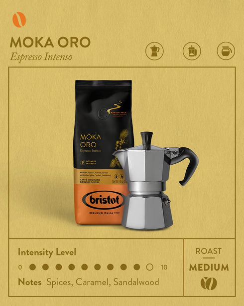Bristot Moka Oro Ground Coffee | Italian Espresso | Medium Roast | 8.8oz/250g | For Moka, French Press, Pour Over