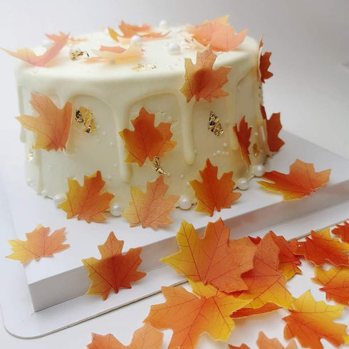 50 pcs Edible Fall Leaves Gold Leaf Cake Topper, Maple Leaves Cake Decorations for Party Cupcake