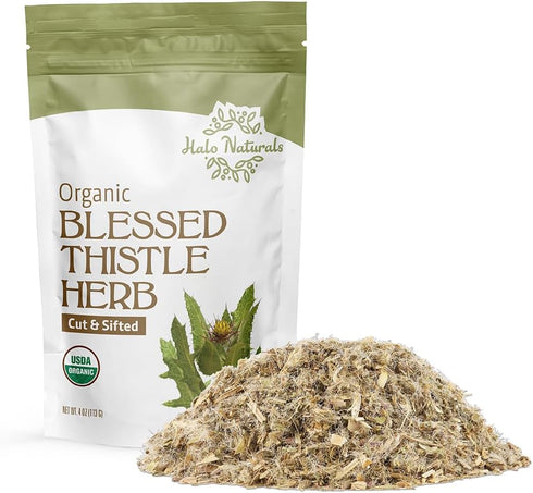 Halo Naturals Organic Blessed Thistle Herb Cut & Sifted, 4 Ounces (Cnicus benedictus) USDA