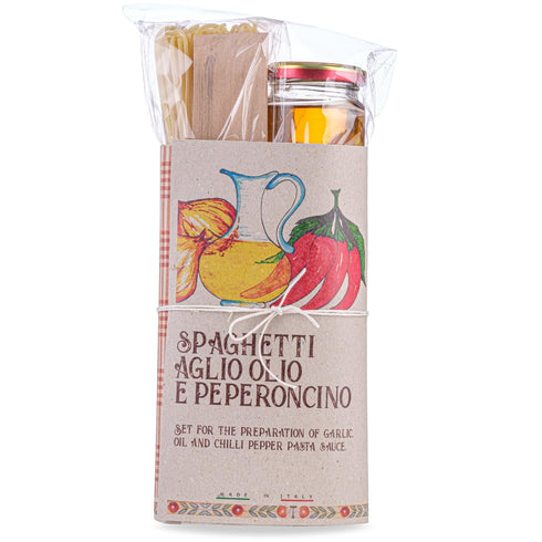 Set 15.5 oz Artigiani dei Sapori Spaghetti Pasta Gift with Garlic, Oil & Chili Pepper Sauce, Authentic Italian Gourmet