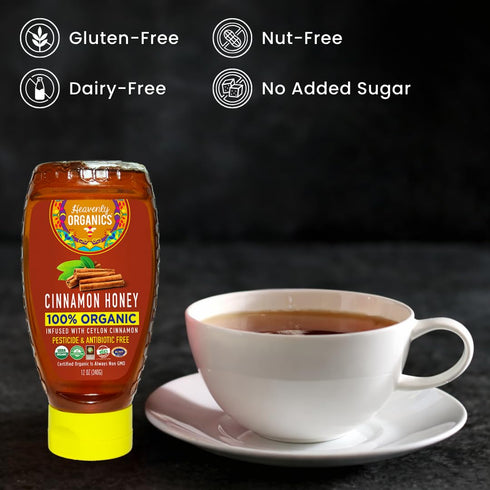 100% 12 oz Heavenly Organics Cinnamon Infused Honey, Organic | Raw Honey with Cinnamon | Unheated, Lightly Filtered |
