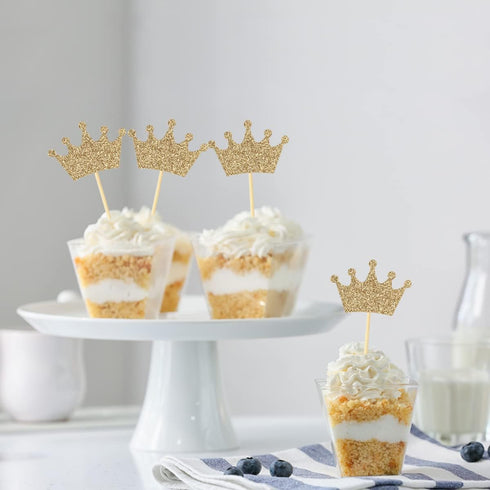 Crown Cupcake Toppers 48 Pcs, Light Gold Glittery Princess Cake Picks for Baby Shower and Birthday