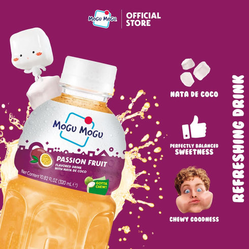 (6 Mogu Mogu Drink Passion Fruit Bottles) Delicious drinks made with nata de coco (coconut jelly). Fun chewable juice