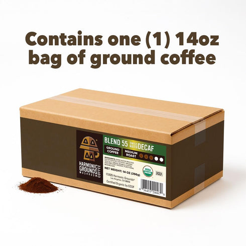 14 oz Harmonic Grounds Swiss Water Decaf | Organic Medium Roast Ground Coffee with Functional Mushrooms | Lions Mane