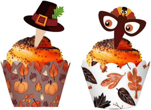 48 Pieces Thanksgiving Cupcake Toppers and Wrappers Kit for Autumn Cake Decoration on Thanksgiving Day