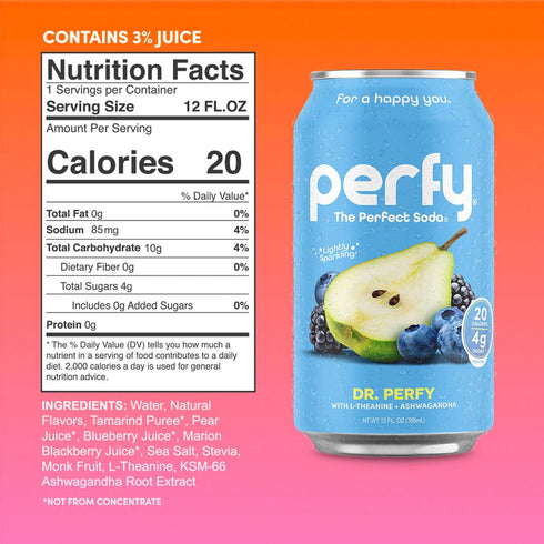 Pack GLP-1 (12-Pack PERFY Caffeine Free Healthy Soda Variety | Made With Real Fruit Juice Low Sugar Nootropic Drinks