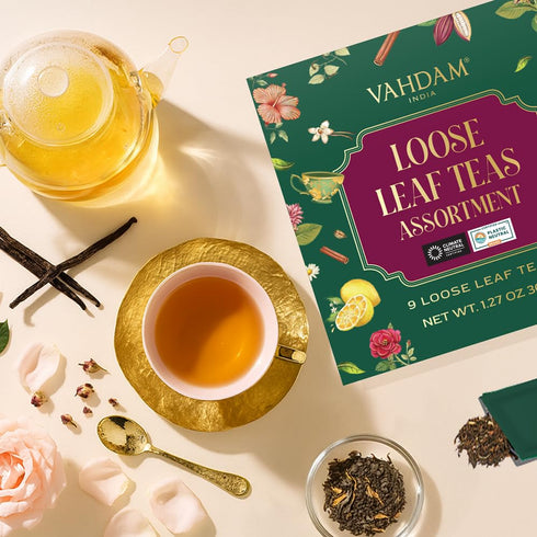 9 (18+ VAHDAM Top Exotic Loose Leaf Tea Sampler cups) | Floral & Fruity Blends with Delicious Taste | Hot & Iced |