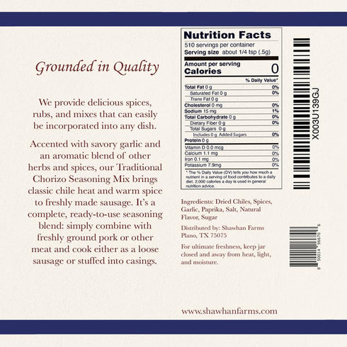 9 Shawhan Farms Traditional Chorizo Seasoning - Non-GMO - Naturally Gluten Free - Great for Mild Sausage Seasoning