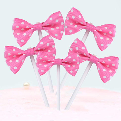 Bowknot Cupcake Topper, 20 PCS Deep Rose with Dots for Children's Birthday Baby Shower Party