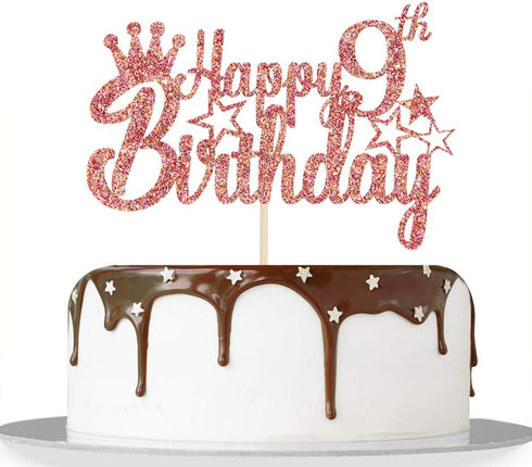 Rose Gold Glitter Happy 9th Birthday Cake Topper - Kids 9th Birthday Anniversary Party Decoration Supplies