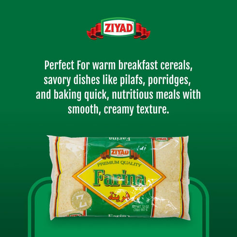 30 32oz Ziyad Premium Quality Farina Finely Ground, Smooth Wheat Cereal High Fiber, No Cholesterol/Salt