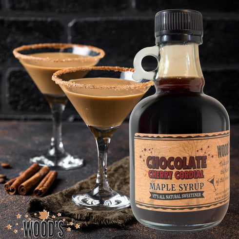8.45 Oz WOOD'S Chocolate Cherry Cordial Infused Maple Syrup Decadent Vermont Maple Syrup with Dark Cocoa & Succulent
