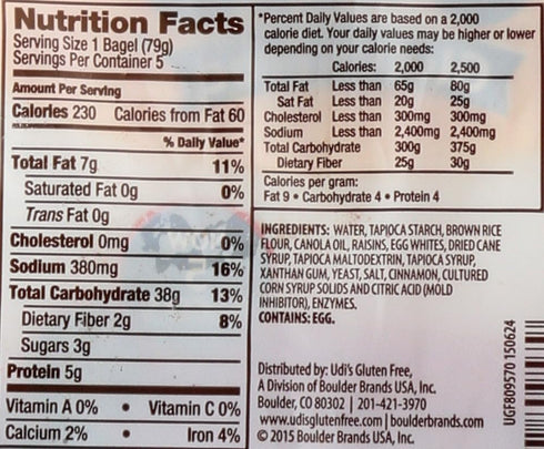 4 (Pack 4) Udis Gluten Free Cinnamon Raisin Bagel Ct
