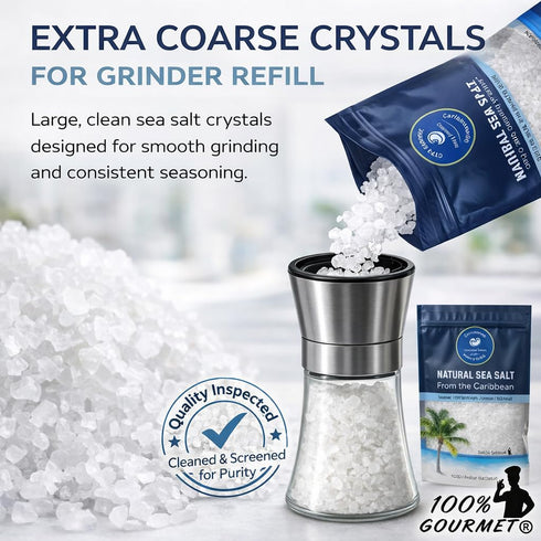 100% 16 oz (1 lb) Gourmet Caribbean Sea Salt, Extra Coarse Crystals for Grinder Refill, Clean Natural Rock Sea Salt