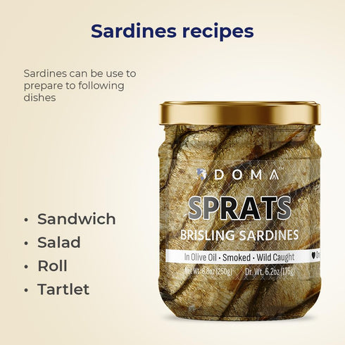 1180mg Omega-3 26.4oz (3 8.8oz), Pack 3 DOMA Premium Smoked Brisling Sardines (Sprats) in Olive Oil Wild-Caught, per