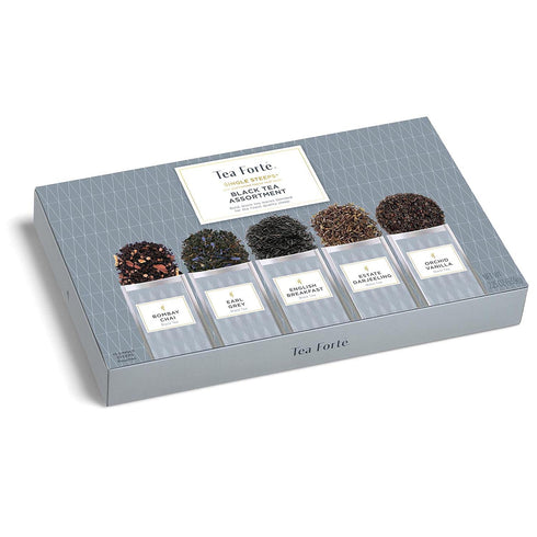 Tea Forte Black Tea Assortment Single Steeps Gift Set Sampler, 15 Count, 3 of Each Assorted Blends, Loose Leaf