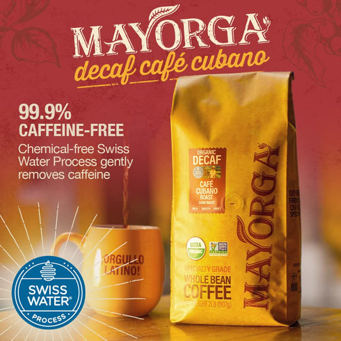 2lb 100% Mayorga Decaf Coffee Bag Dark Roast Organic Swiss Water Decaffeinated Cubano Roast Coffee - Arabica Whole