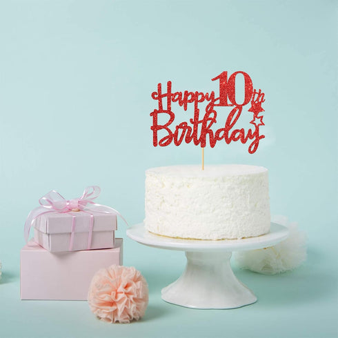 Red Glitter Happy 10th Birthday Cake Topper, Cheers to 10 Years Party Supplies, 10th Birthday Decorations