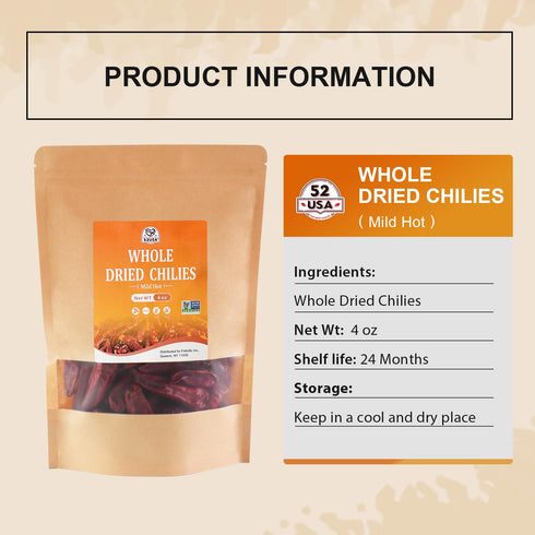 52USA Whole Dried Chilli Peppers, 4 Oz, Premium Szechuan Red Dried Chilis, Mild Spicy for Mexican Recipes