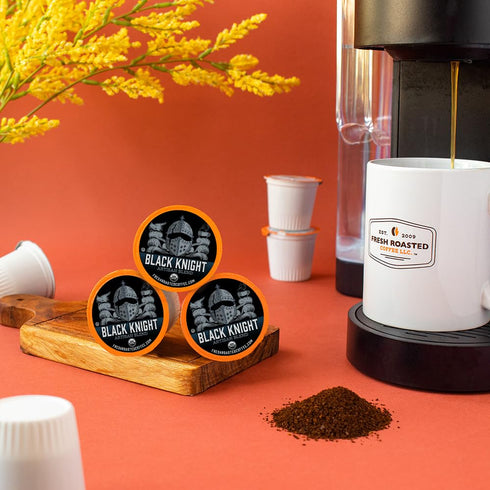 96 Fresh Roasted Coffee, Organic Black Knight | USDA, Kosher | Dark Roast Pods for K Cup Brewers
