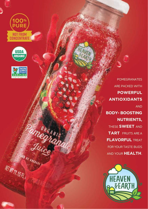 100% 11.15oz (6 Pack), Heaven & Earth Pure Organic Pomegranate Juice NO Concentrate! Cold Pressed, Non GMO Verified, No