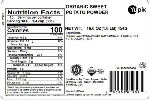 1 lb (16 oz), Yupik Organic Sweet Potato Powder, USDA Certified, Gluten-Free, Non-GMO, Raw, Vegan, Kosher, Single