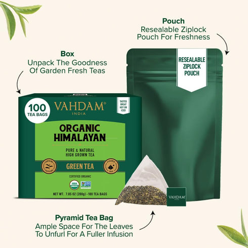 (100 Count) VAHDAM, Organic Himalayan Green Tea High Grown, Non GMO, Gluten Free, Low Caffeine | Earthy & Smooth |