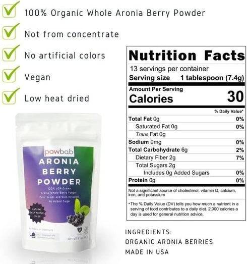 Aronia Berry Powder, 100% USA Grown Organic Chokeberry, No Added Sugar, Made in The USA (3.5 Oz)