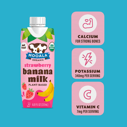 12 Pack Mooala - Organic Strawberry Bananamilk, Lunchbox Friendly, Shelf-Stable, Non-Dairy, Nut-Free, Plant-Based