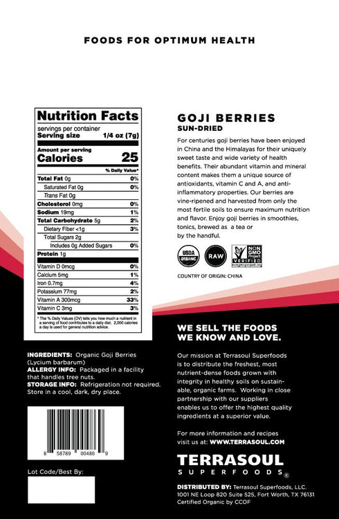 16 Oz Terrasoul Superfoods Organic Goji Berries, - Large Size | Chewy Texture | Premium Quality | Lab-Tested