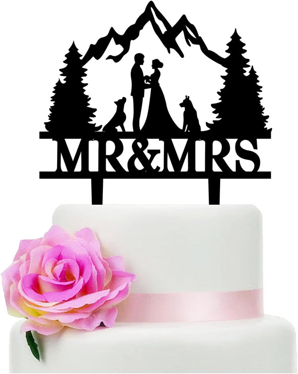 YzYbuaego Mountain Wedding Cake Topper, Mr & Mrs Cake Decorations for Forest Theme Outdoors Wedding