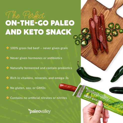 100% Paleovalley Grass Fed Jalapeno Beef Sticks - Delicious Gluten Free Beef Snack - High Protein Keto Friendly